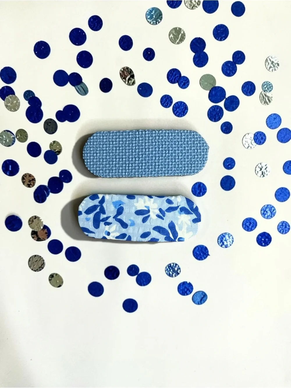 Handmade Fabric Snap Hair Clips Set • Blue Floral & Micro-Check • 2 Pc